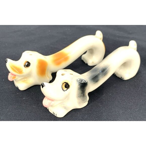 Unbranded Other - Long Dog Salt and Pepper Shakers Weiner Dachshund Porcelain 4.25" Vintage